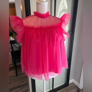 New With Tags…Boutique…Bubblegum Pink Tulle/Sheer Babydoll Top…Size Large